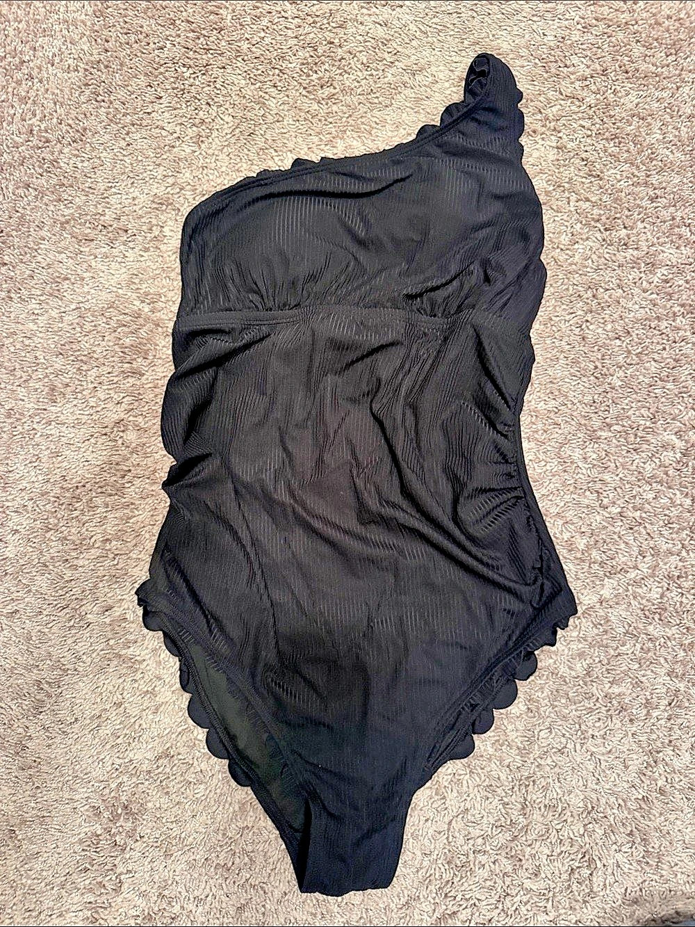 CHARMO MaternityOne Shoulder Scalloped Ribbed One Piece Swimsuit Black One-Piece
